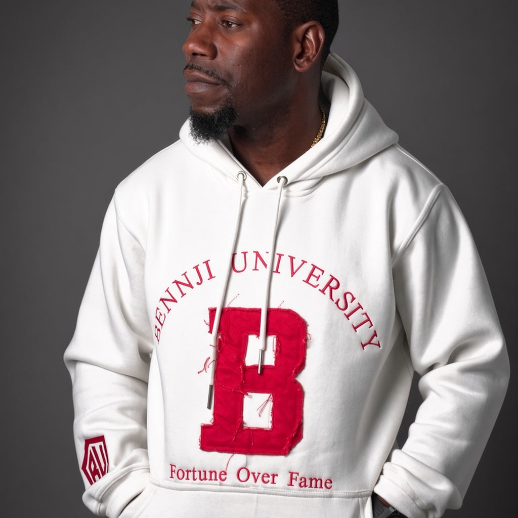 Fortune Over Fame Hoodie — square studio on-model